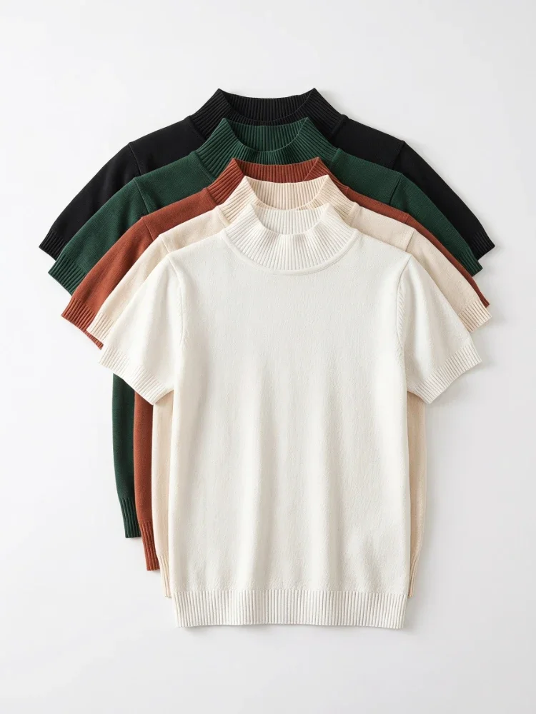 Modischer Einfarbiger Pullover Koreanischer Rollkragen Damen T-Shirt Lässige Vielseitige Oberteile 2026 Sommer Herbst Elegante T-Shirts