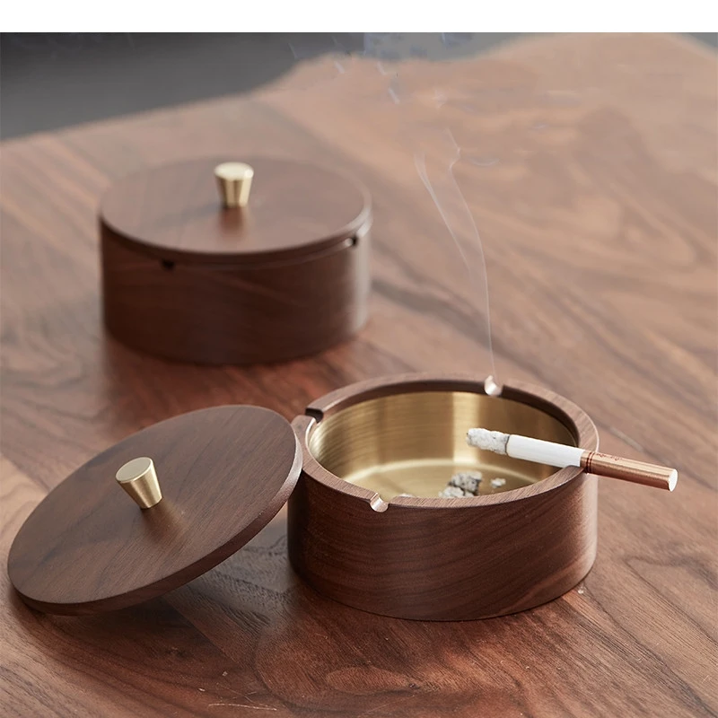

Light Luxury Solid Wood Ashtray with Cover Home Office Cigar Ornaments Anti-flying Ash Smoking Accessories
