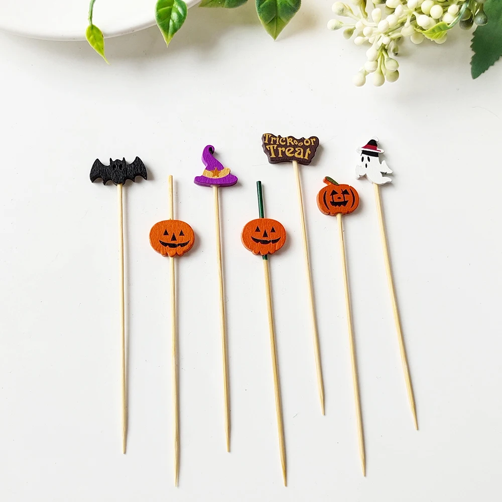 100 Stück Halloween Einweg-Bambusspieße Kürbis-Obstgabel Buffet Dessert Cocktail-Sticks Weihnachts-Schneedeckoration 2026 – Detail 11