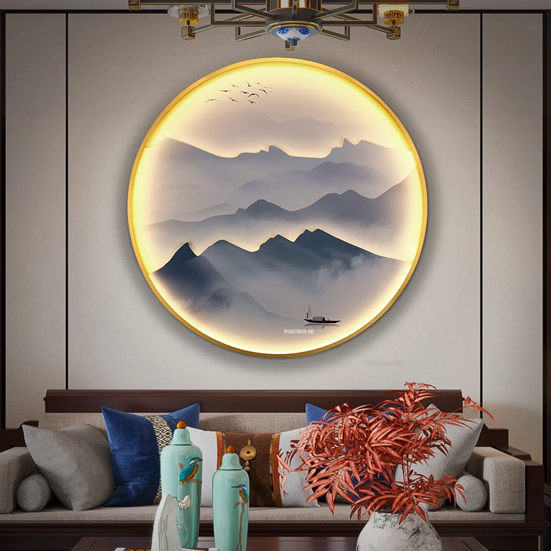 Circular Entrance Decorative Painting LED Light Luminous Hanging Painting Chinese Home Decor Hotel Courtyard Landscape Painting