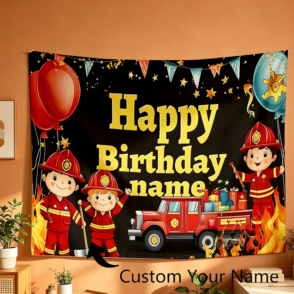 1PC Personalized Firefighter Birthday Tapestry Custom Name Fire Truck Flame Wall Hanging Boys Kids Bedroom Celebration Decor