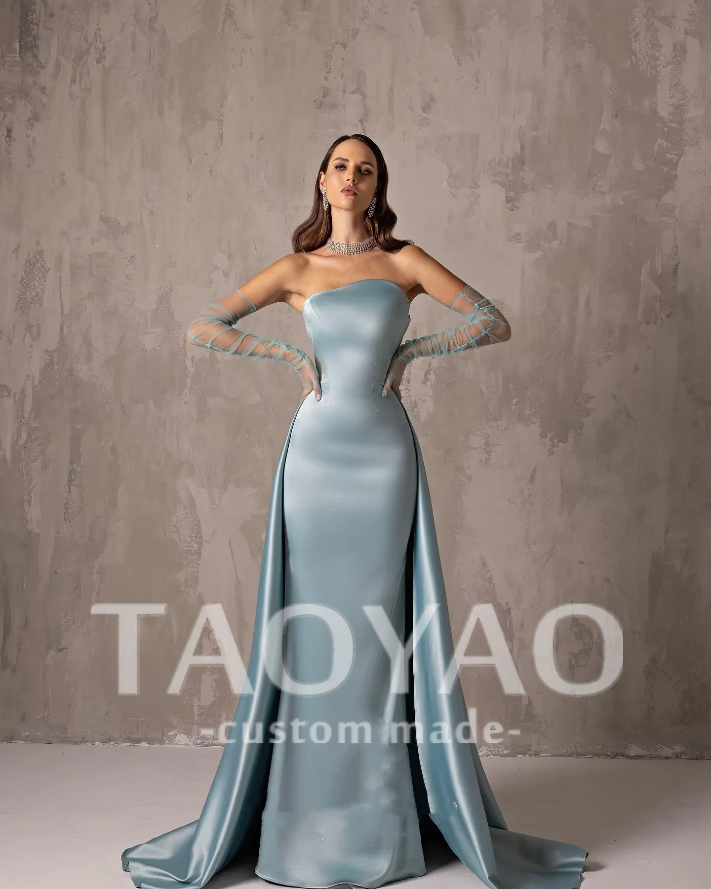 

Blue Satin Mermaid Customized Elegant Blue Strapless Dubai Evening Dress for Women with Overskirt Arabic Wedding Formal Gowns