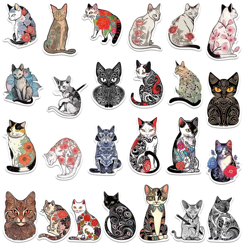 50pcs Retro Cartoon Animal Flowers Cats Stickers For Laptop Water Bottle Luggage Notebook Phone Waterproof Graffiti Vinyl Decals