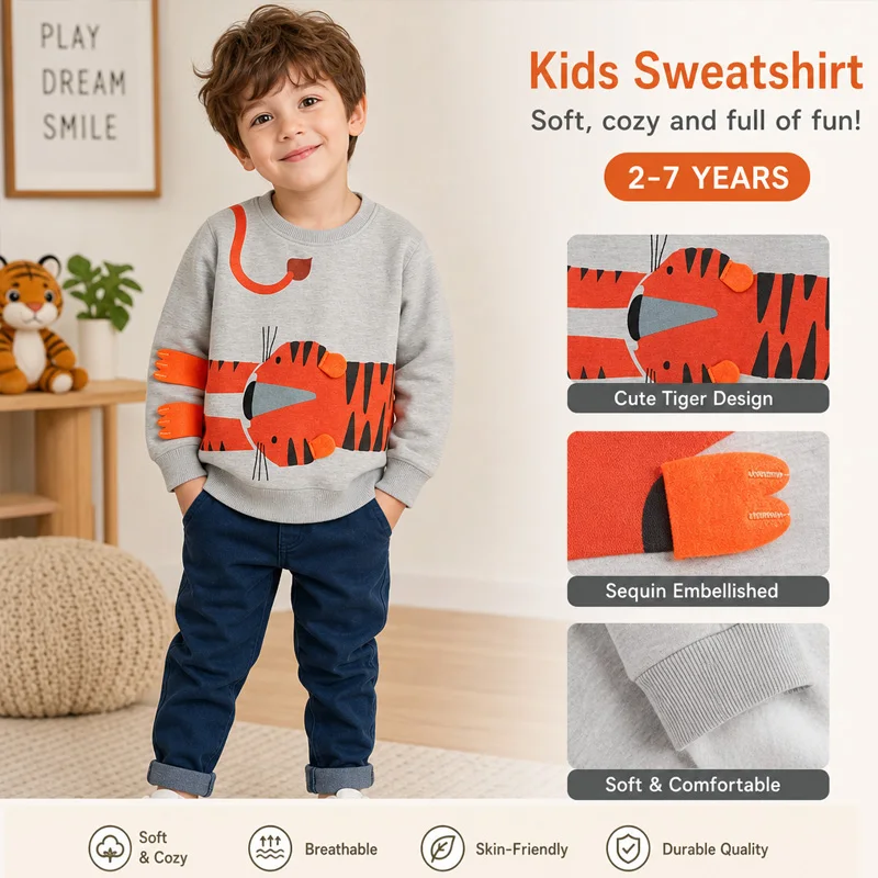 Little Hand Little Boys Crew‑Neck Pullover Kids 3D Tiger Print Sweatshirt Novelty Tops for 2‑7 Years Old Toddler Outside