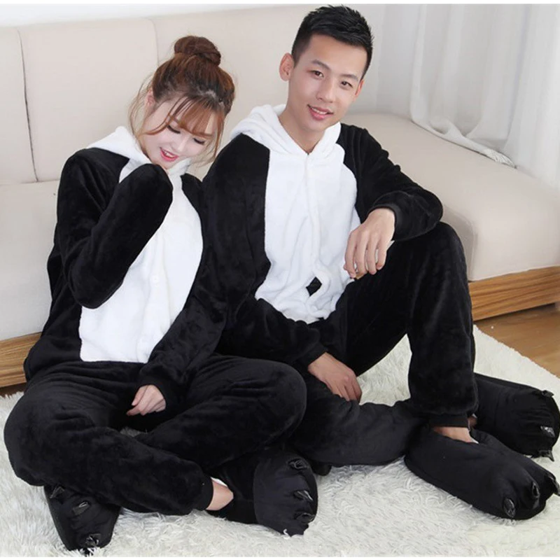 Unisex Adults Women Cartoon Costume Halloween Christmas Sleepwear Men's Flannel Panda Jumpsuit Onesies Plush Cosplay Pajamas Set