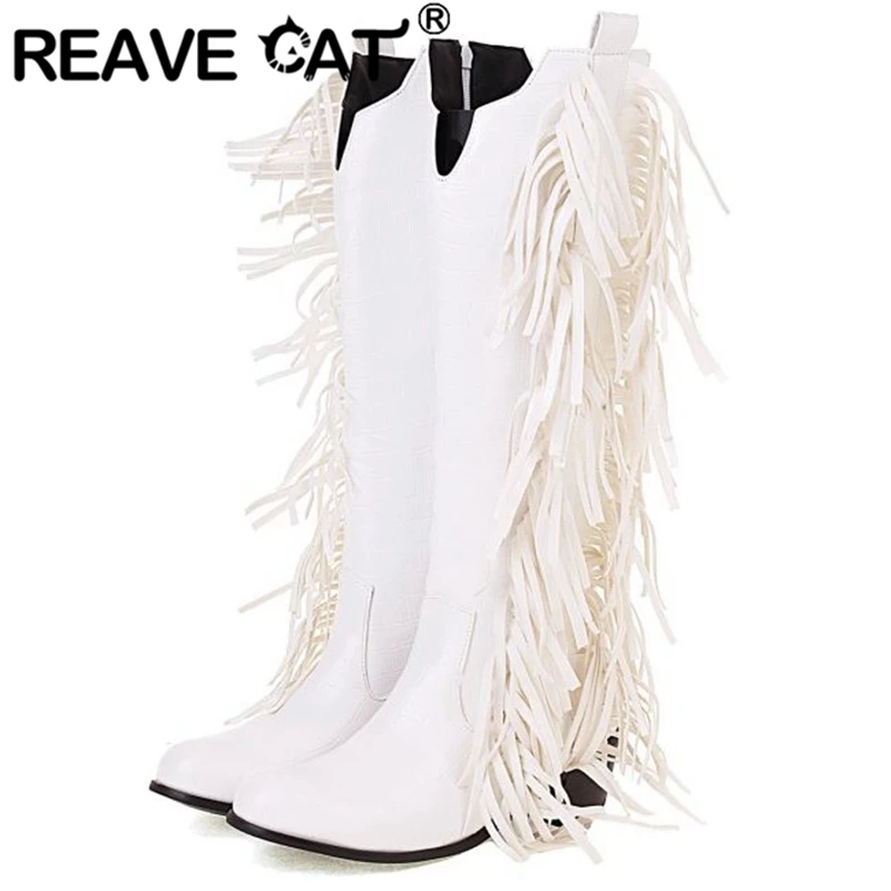 REAVE CAT 2021 Girls Fashion Mid-Calf Boots Round Toe Chunky Heels Splice Tassel Big Size 33-48 Black White Novelty S2697