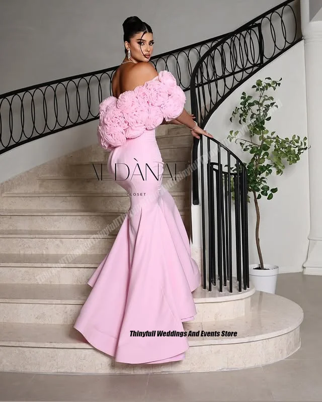 Thinyfull Mermaid Satin Dubai Prom Dresses 3D Flowers Off Shoulder Evening Dress Long Special Occasion Gown Customized image 3