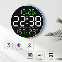 Large Digital Wall Clock Automatic Light Sensing LED Display with Colourful Ambient Light Temp humidity/Calendar/Timer/Alarm