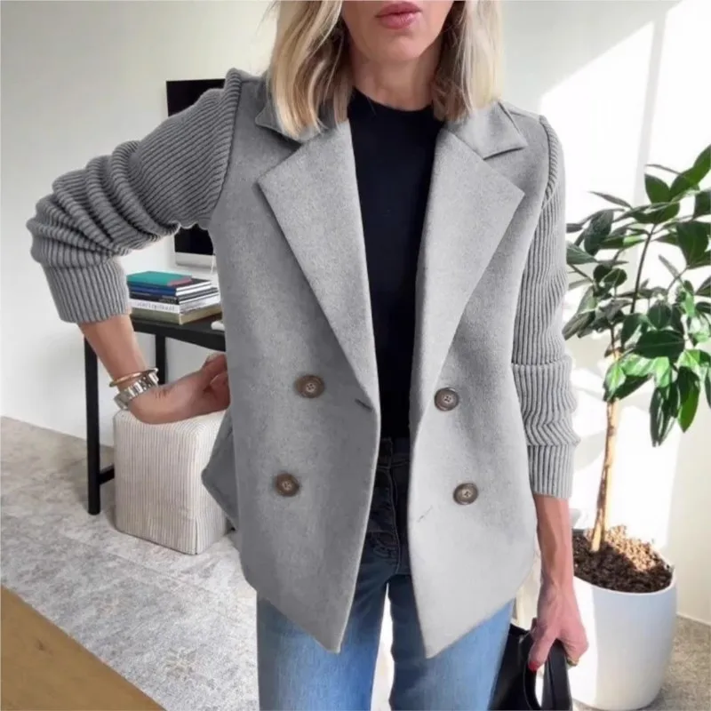 New Knitted Long Sleeves Women'S Coat Short Spring Casual Tweed Suit Office Jacket Blend Wool Coat Double Breasted Blazer Female