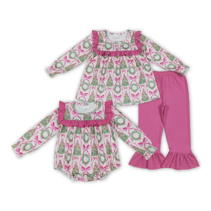 

Christmas Baby Girl Outfit Long Sleeve Top+Pants Set Pink Tree Print Lace Cute Infant Toddler Holiday Party Clothes