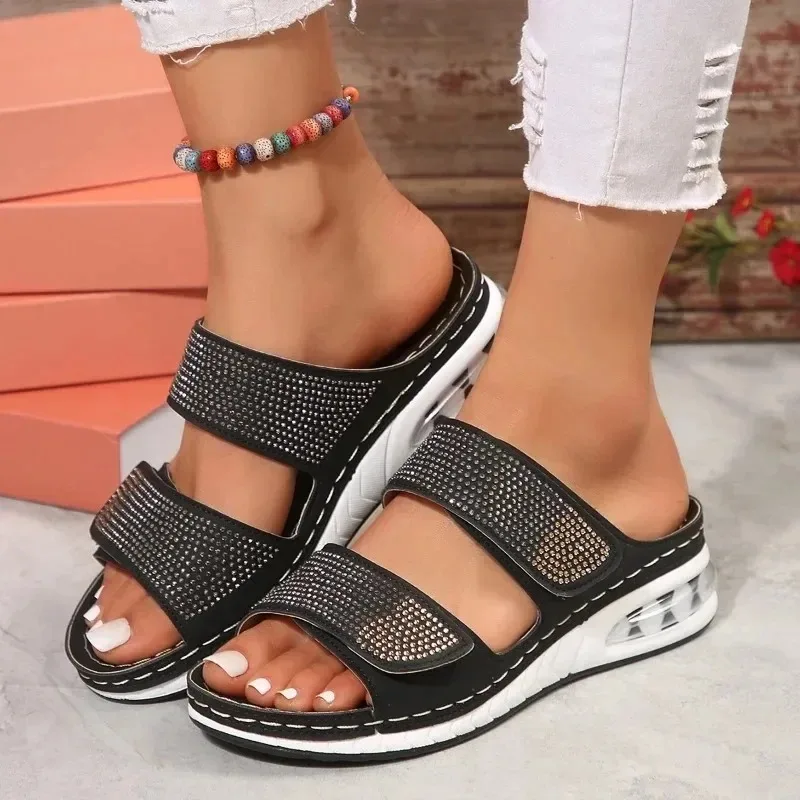 Ladies Shoes on Sale 2024 New Summer Women\'s Slippers Solid Sequins Open Toe Mid Heel Water Proof Beach Casual Slippers Women