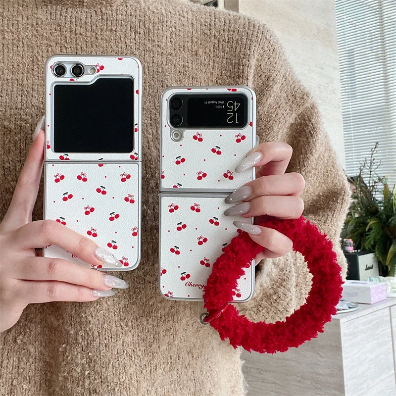 

Phone case Wool strap Phone lanyard Samsung Galaxy ZFlip4 5 PU leather Cherry shell Samsung Z flip5 ZFlip 5 4 ZFlip4 Thin hard