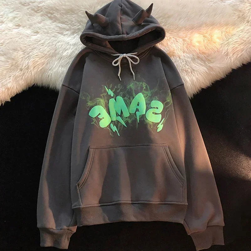 Ears Hoodies Sweatshirt Women Graffiti Monster Bubble Anime Long Sleeve Harajuku Goth Oversized Thick Pullover Goth Hoodies Y2k