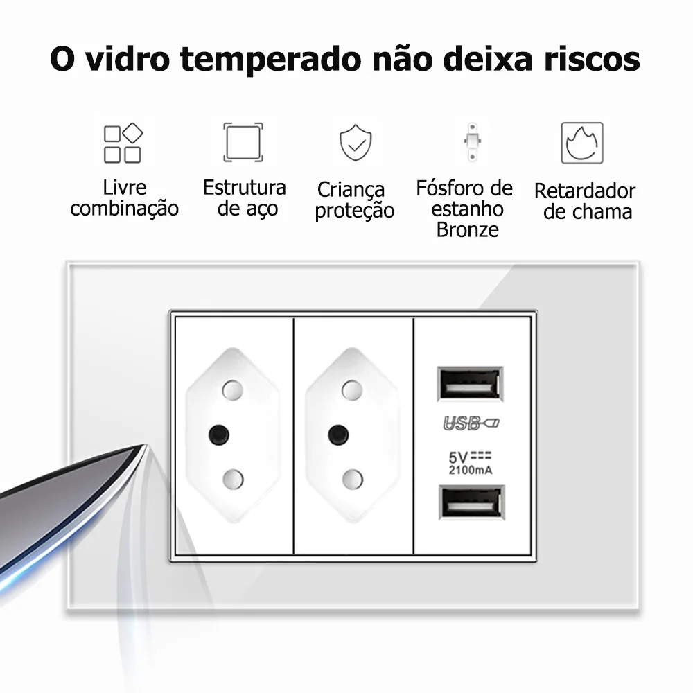 Eiomr 20A Brazil Standard Wall Power Oultet, AC 110V~250V,118mm*75mm Tempered Glass Panel, BR USB Type-C Electrical Socket