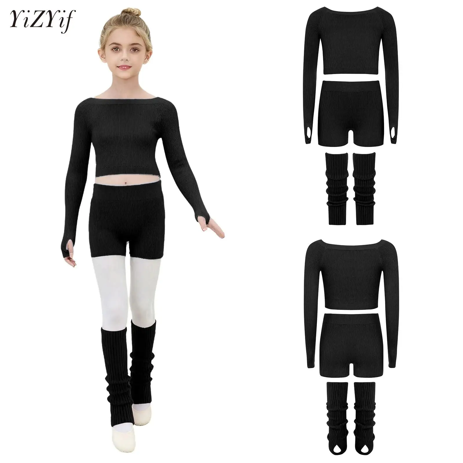 

Girls Ballet Three-piece Set Ballet Dance Training Costumes Kids Ballet Practice Warm-Up Knitted Outfit Tops Shorts Leg Warmers