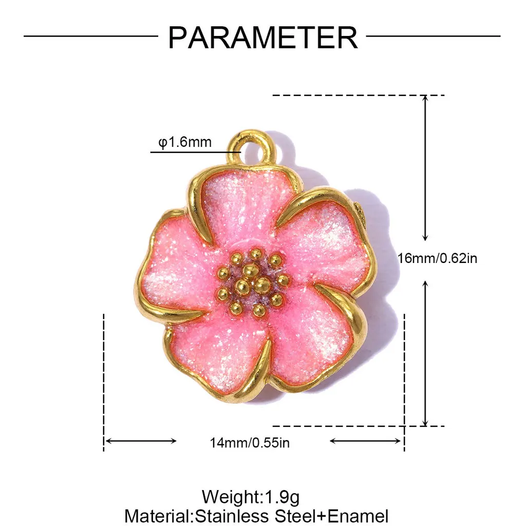 3pcs 304 Stainless Steel Enamel Pendants, Flower Charms, Ion Plating(IP),  18K Golden Plated, Pink, 16x14mm, Hole: 1.6mm