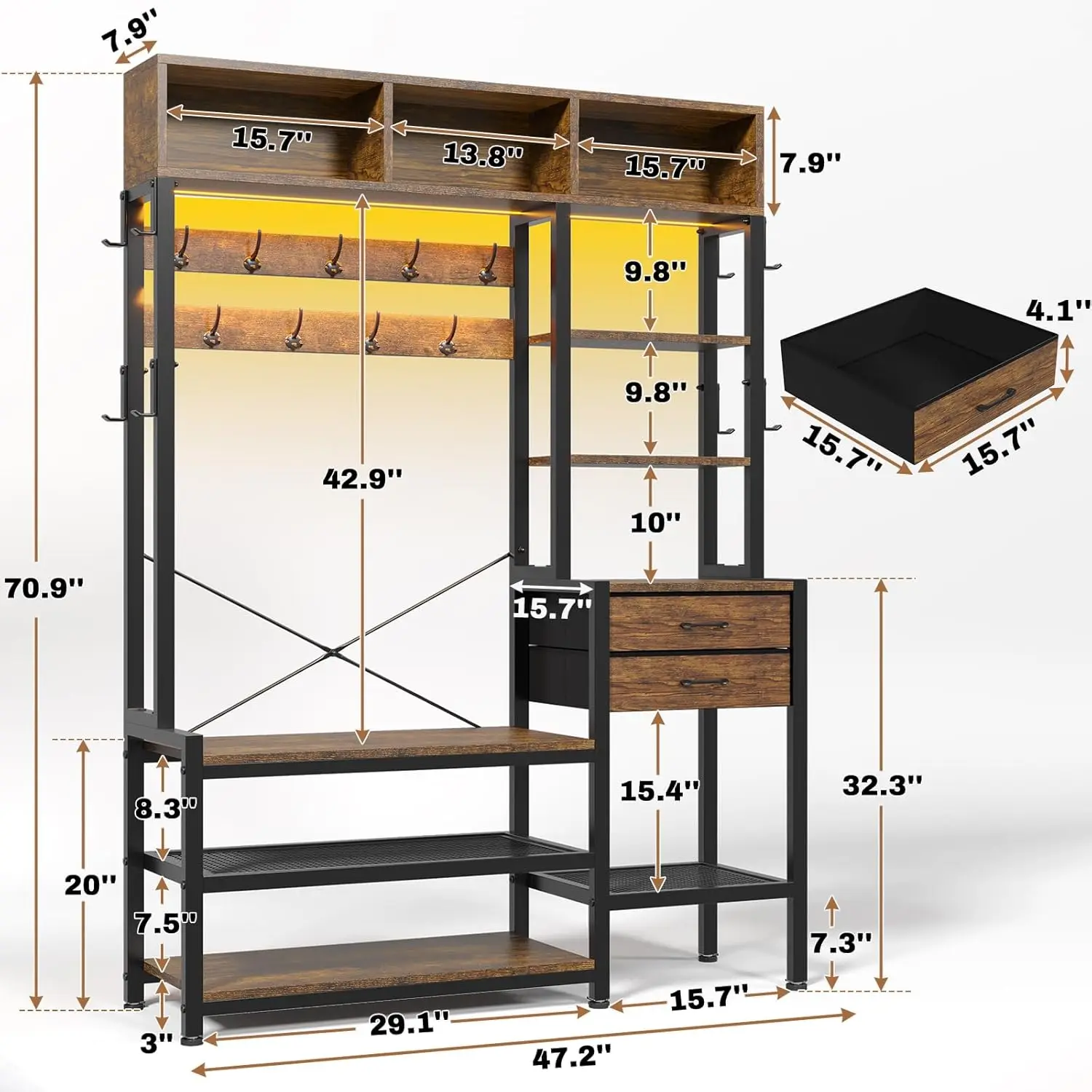 

Hall Tree with Bench and Shoe Storage,3 Storage Cubbies, 3 Storage Shelves, 17 Coat Hooks, 2 Fabric Drawers (Rustic Brown)