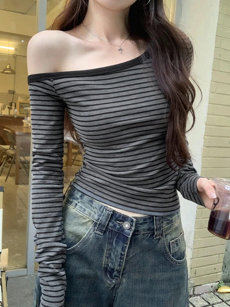 Advanced Design Shoulder Bared Long Sleeve T Shirt Women's New Style Autumn Korean Striped Asymmetrical Casual Fit Top