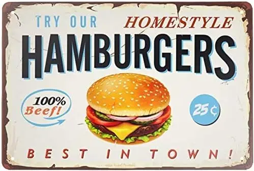 angeloken Retro Metal Tin Sign Vintage Best in Town Hamburgers Aluminum Sign for Home Coffee Wall Decor 8x12 Inch