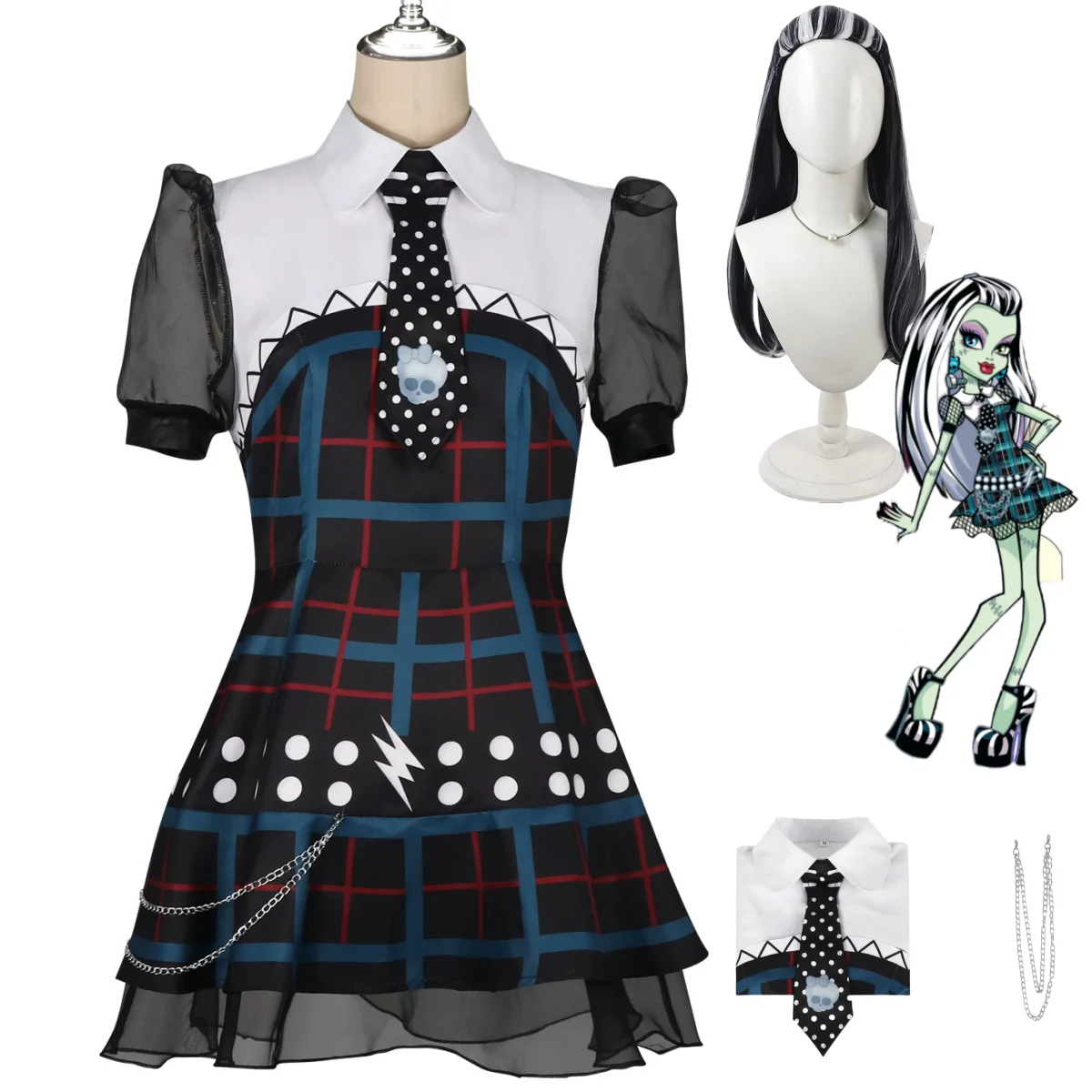 

American Movies Frankie Stein Cosplay Costume High School T-shirt Grid Dress Wig Woman Sexy Cute Halloween Christmas Suit