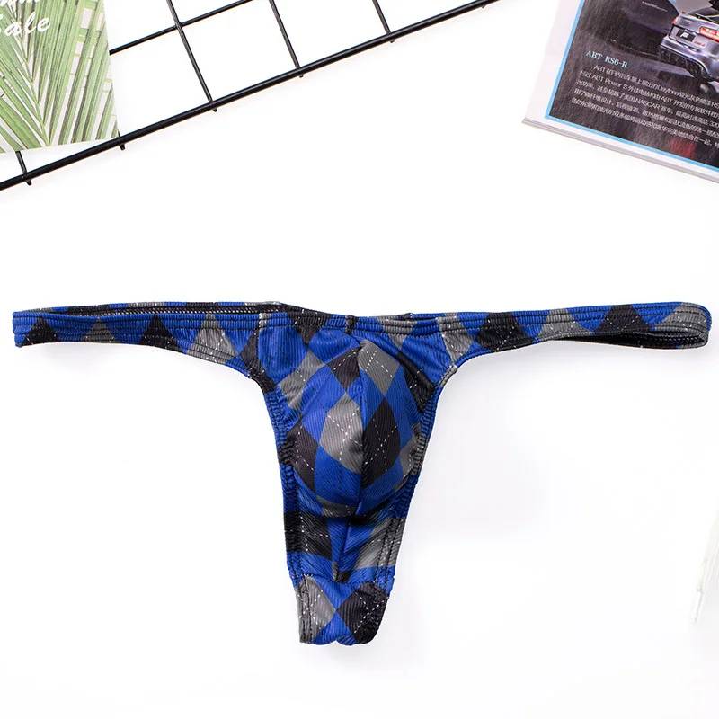 Men Underwear Grid Sexy Briefs U Convex Thong String Bulge Pouch Breathable Panties Male Underpants U-Bag Intimates Bikini Male