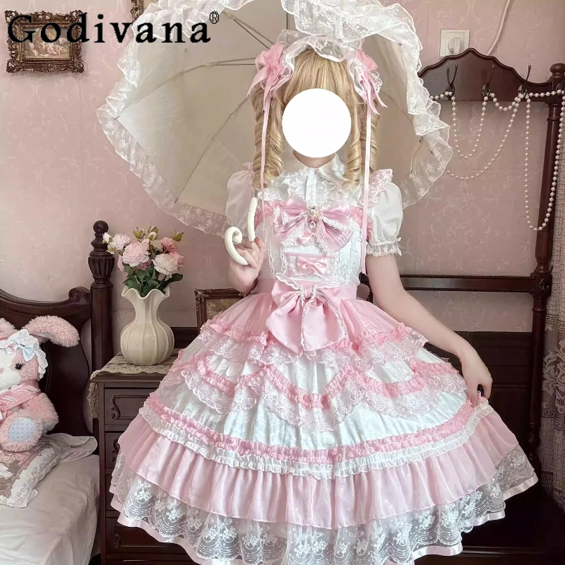 

Original Sweet Lolita Pink Suspender Dress Jsk Summer New 2025 Women's Japanese Cute Bow Lace Princess Dress Birthday Dress