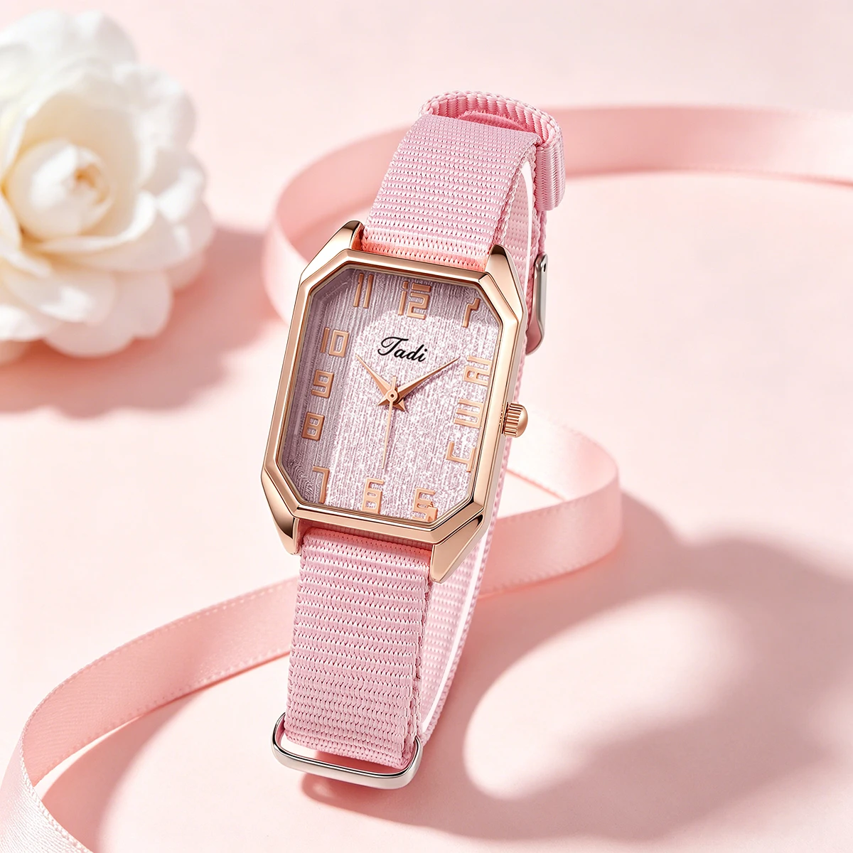Elegant Ladies Analog Quartz Watch Octagon Rose Gold Case Red Spark Dial Nylon Band Daily Casual Wristwatch Women Watches view 5