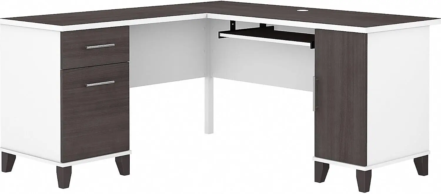 L Shaped Desk with Storage | Spacious Corner Computer Table for Home Office Workspace, 60W, White And St