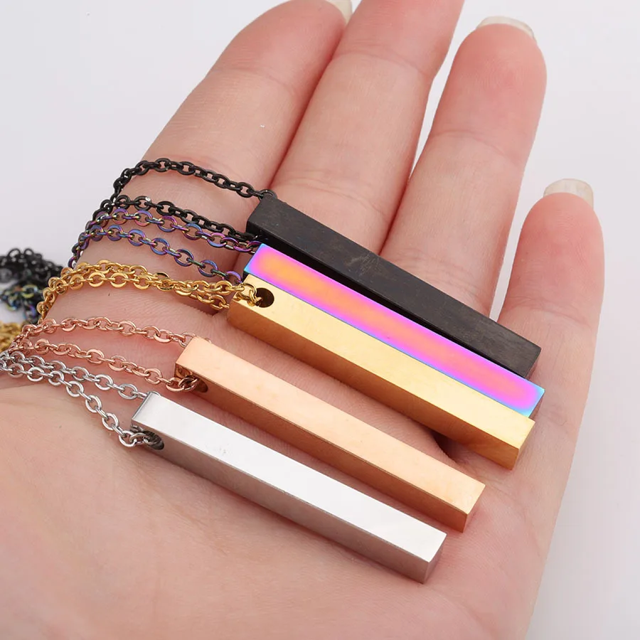 Mirror Polished Stainless Steel Four Sides Can Engrave Blank Square Bar Custom Name Necklace Rectangle Pendant Necklace Chain