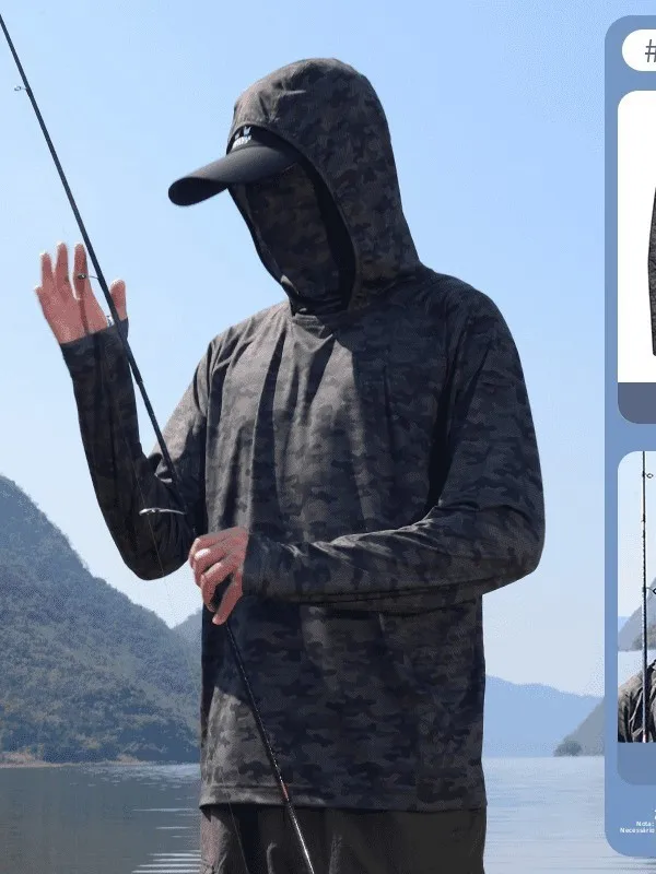 Roupa de Pesca Masculina de Verão com Proteção Solar, Secagem Rápida, Seda Gelada, Leve, Respirável, com Capuz e Máscara Facial