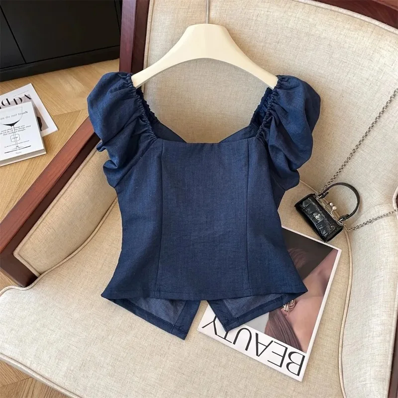 Women's Dark Blue Off-Shoulder Puff Tees Sleeve Button T-Shirts Front Crop Top
