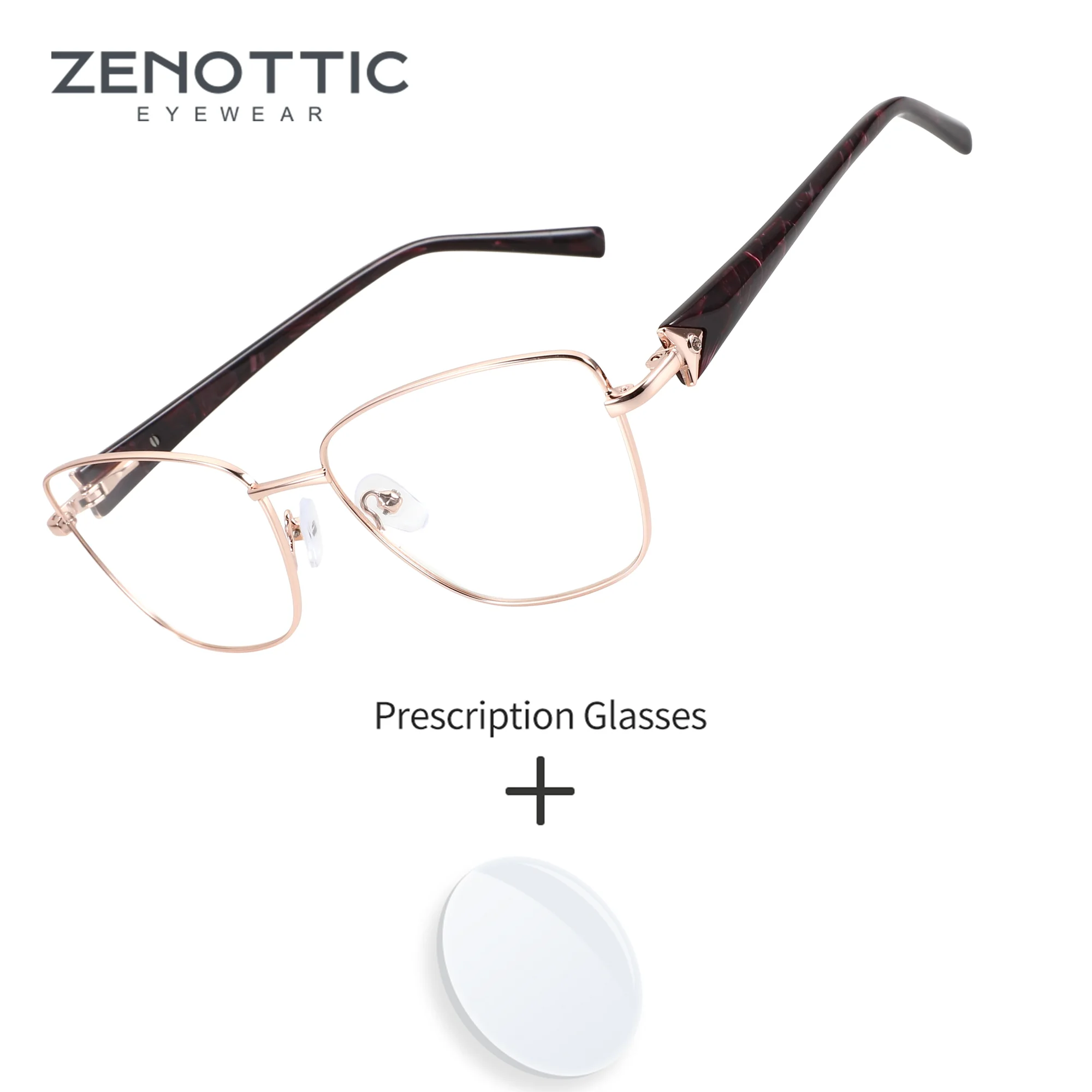 zenottic-mサイズ、長方形のメタルフレーム、女性用、度付きメガネ、累進レンズ、ブルーライトカット機能付き。