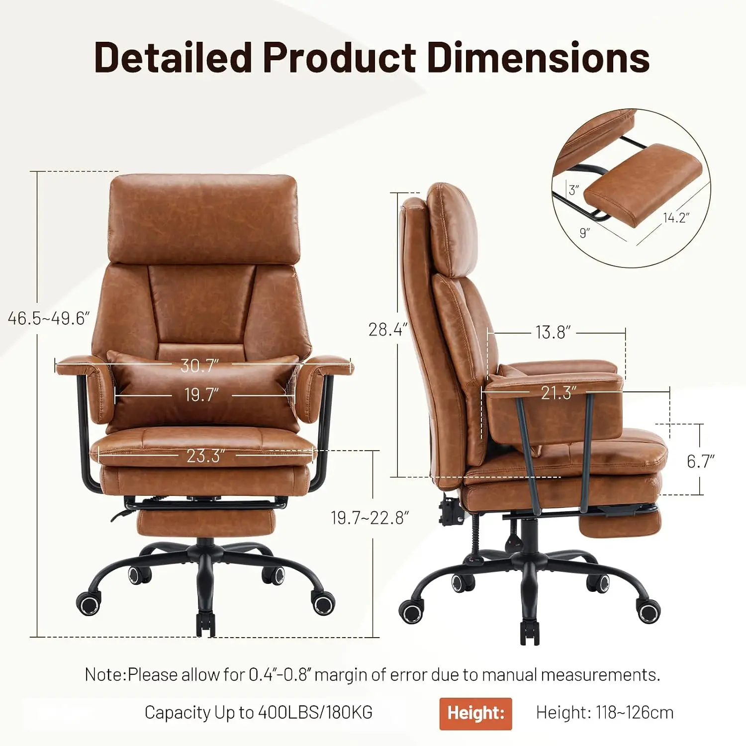 High Back Executive Chair PU Leather Adjustable Lumbar Support Padded Armrest Pillow Height Footrest Brown, Customized