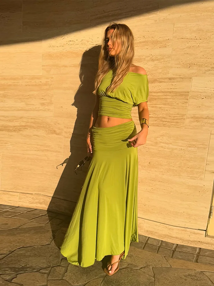 

Irregular Slack Collar Women 's Skirt Set Sexy Short Sleeve Blouse Loose Waist Long Skirts Female Suits 2025 Lady Party Outfits