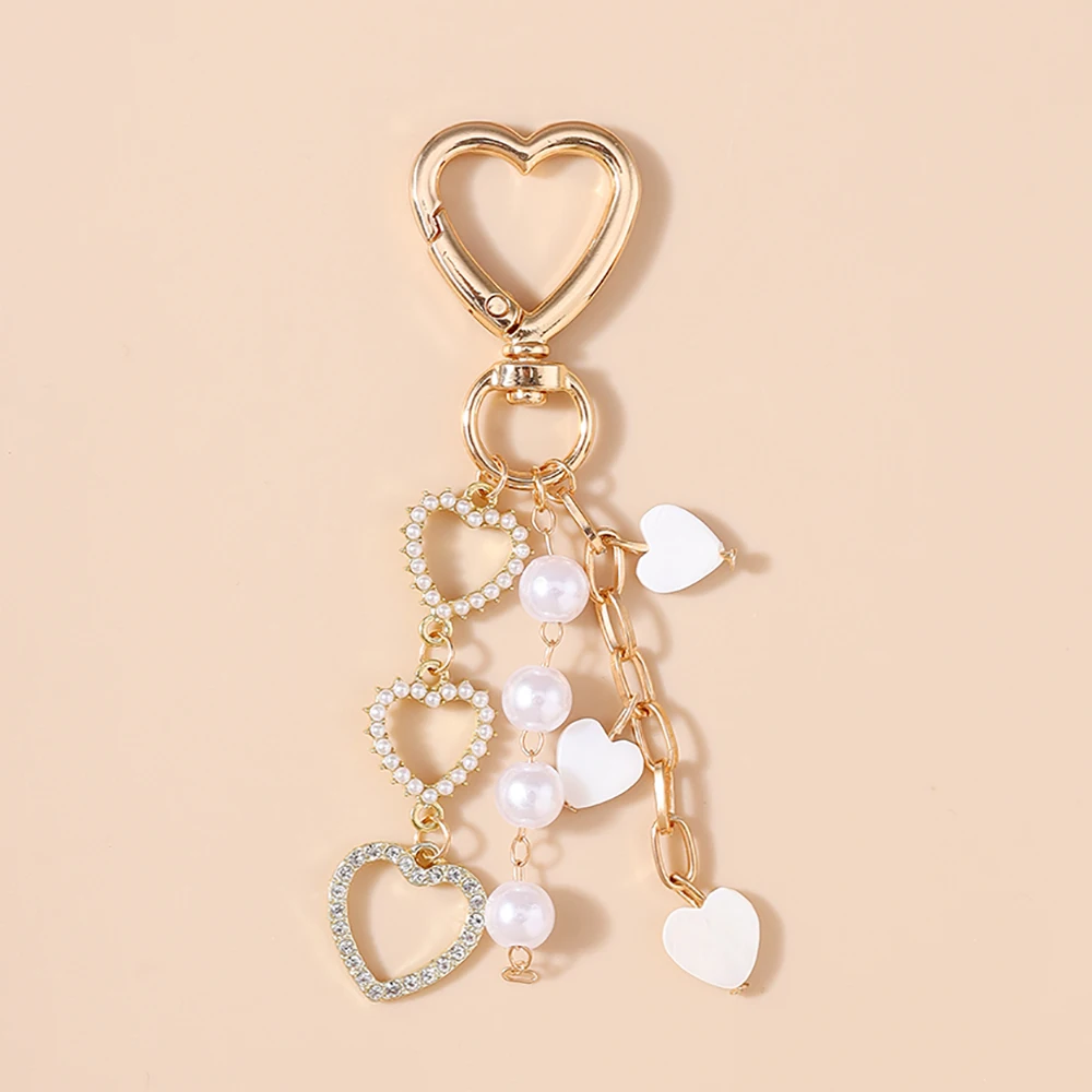 Cute Crystal Love Heart Keychain Women Girls Pearl Key Ring Pendants Handbag Decor DIY Handmade Jewelry Gifts