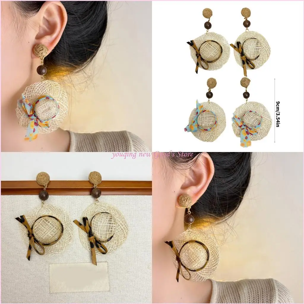 57QA Fashionable Woven Straw Hat Shaped Earrings Statement Bohemian Ear Accessories For Vacation And Daily Wear