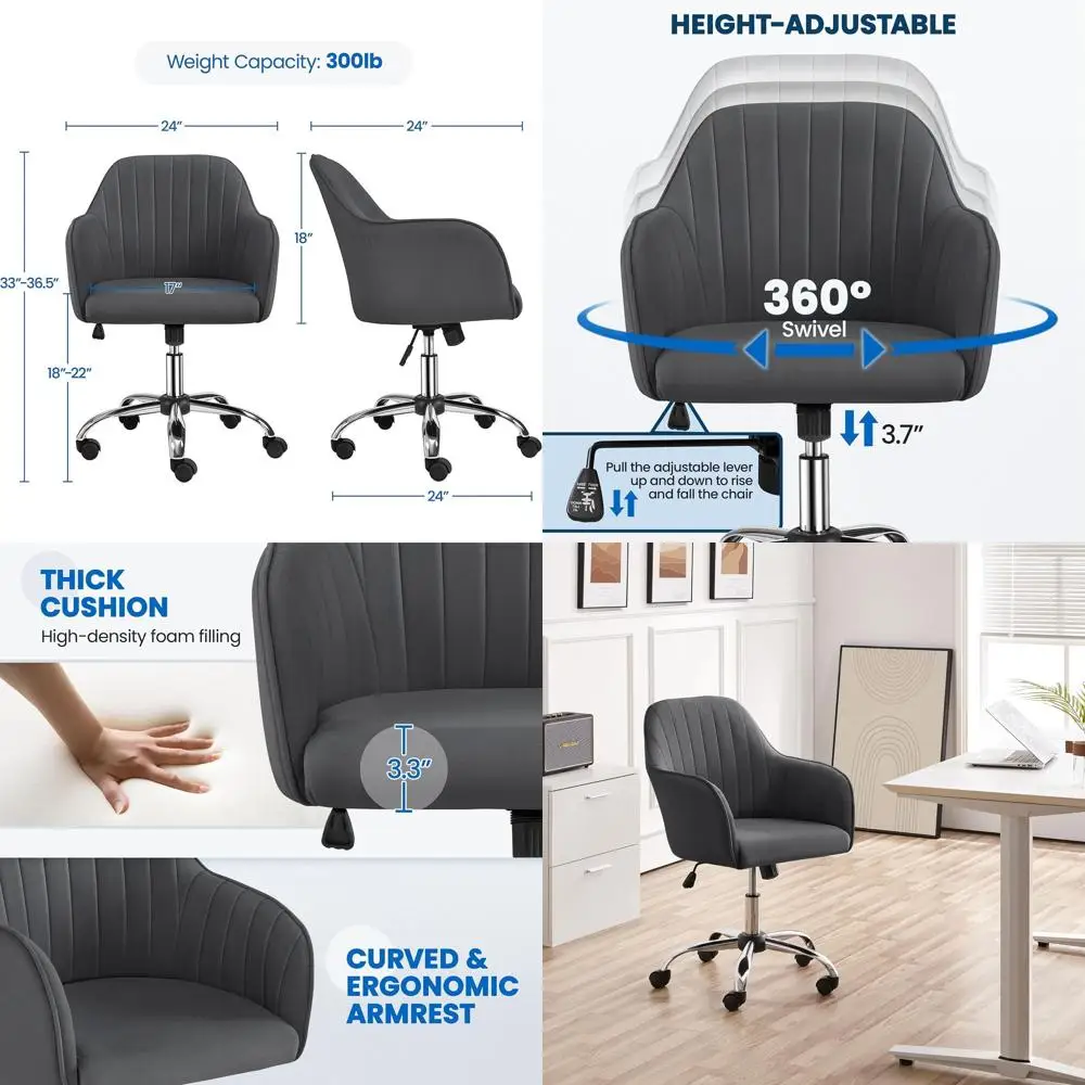 

Элегантное мягкое вращающееся кресло с подлокотниками для домашнего офиса, макияжа и гостиных, темно-серое