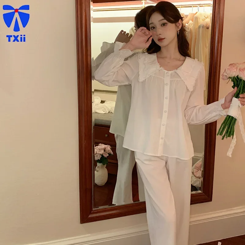 Pajamas Women\'s 2024 Summer Solid Color Long-sleeved Pants Two-piece Suit Loose Casual Cotton Home Clothes Spring and Autumn New