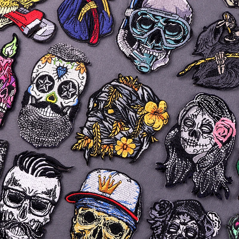 Punk Skull Haftowane naszywki na odzież Hip Hop Patch Iron On Naszywki na ubrania Grim Reaper Haftowane naszywki Stripe Badges