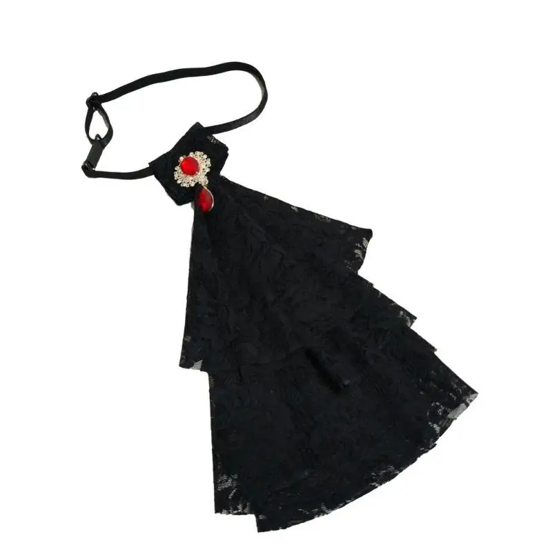 A52E Elizabethan Faux Collar Costume Colonial Lace Jabot Ruffled Crystal Detachable Necktie Party Props for Women
