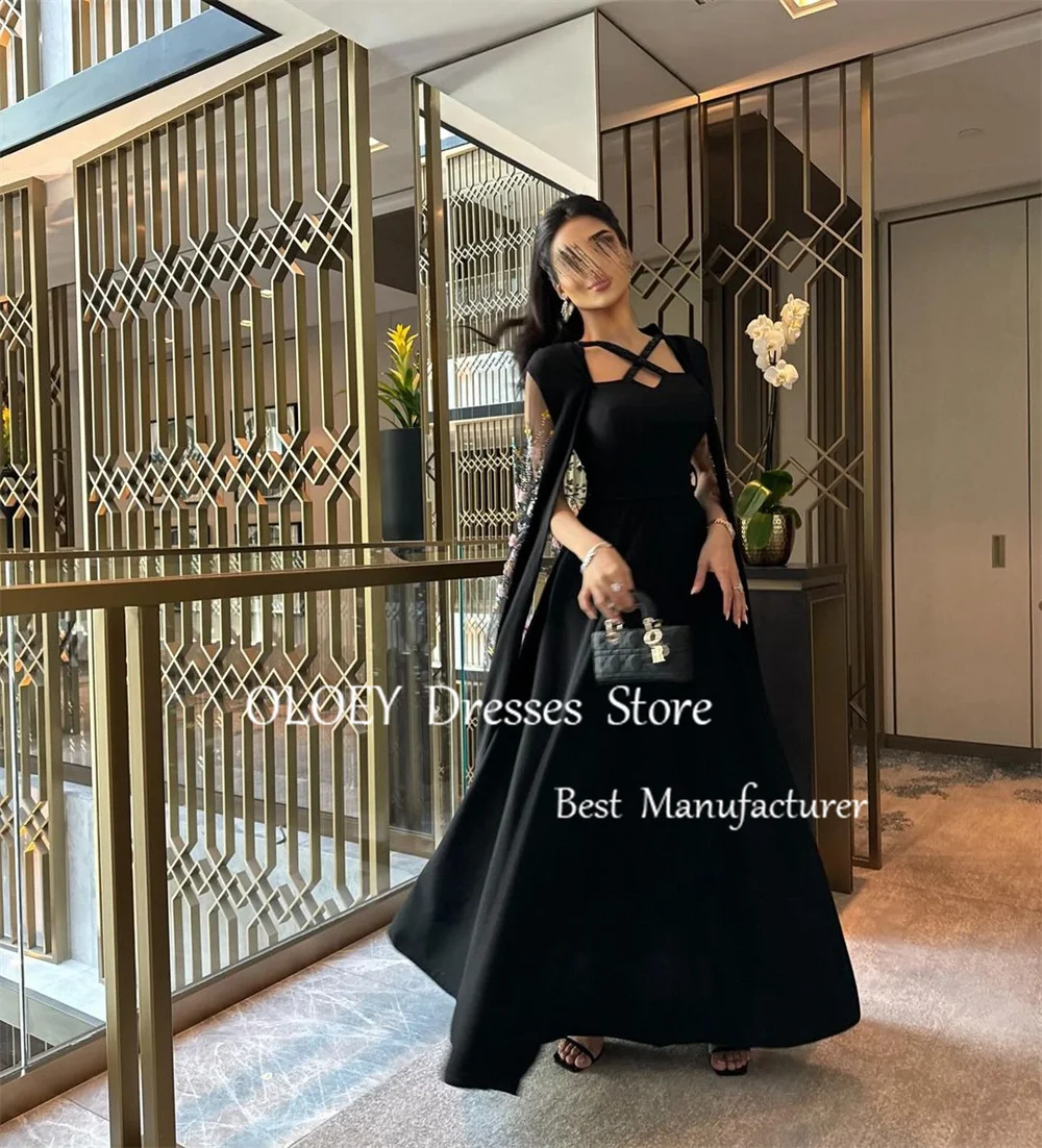 OLOEY Luxury 2025 Arabic Black Evening Dress With Beads Tulle Cape A Line Wedding Party Dress A Line Prom Maxi Dress Customized