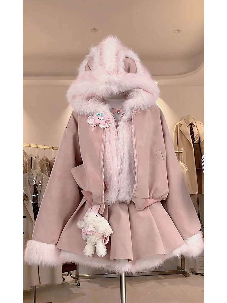 

Cute Fluffy Set with Hood Half Skirt Patchwork Design Age-Defying Elegance Winter Fashion for Women Long Sleeve Student Uniform