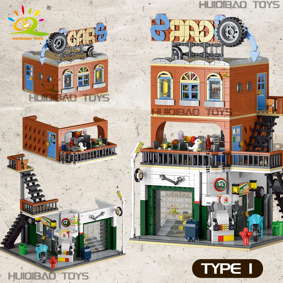 HUIQIBAO 1637PCS 2in1 도시 자동차 서비스 센터 모델 빌딩 블록 DIY 차고 자동차 수리점 장식 벽돌 장난감 성인