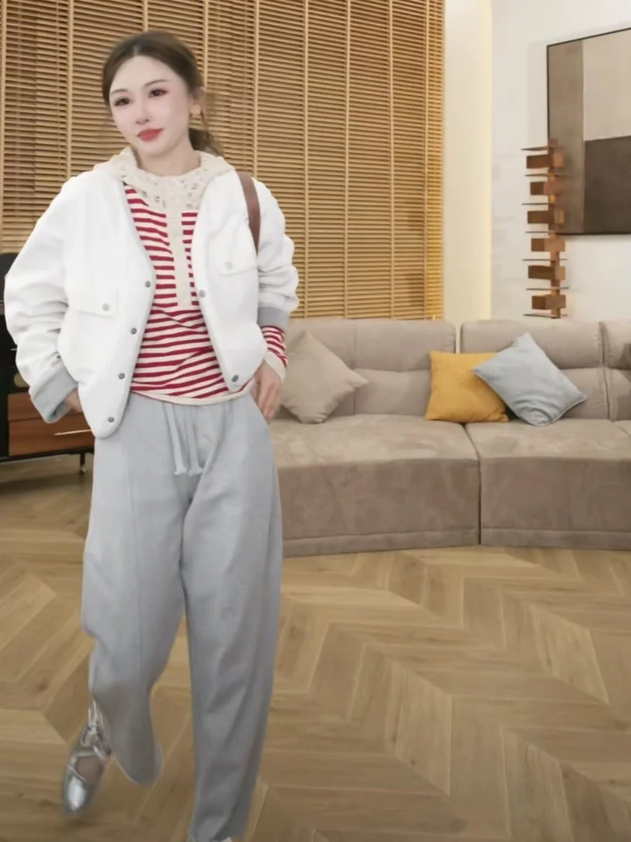 BaiXue Recommended Casual Loose Straight Leg Pants Spring Season Versatile Slimming Cotton 00% l Waist Nine Points
