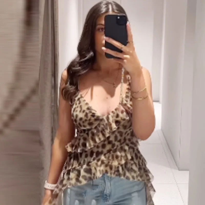 HXAO 2025 Top da donna con stampa in tulle Canotte e canottiere ritagliate estive Top con canotta senza maniche con volant Top senza schienale a strati in rete leopardata