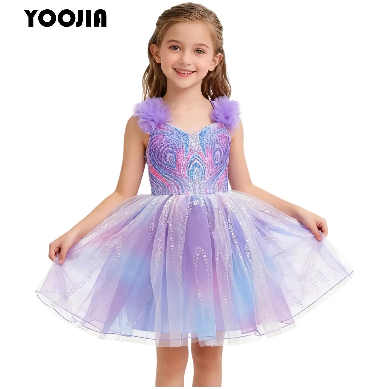 

Kids Girls Glittery Princess Dress Ruffled Gradient Tulle Hem Gown Christmas Birthday Party Tutu Dress Halloween Witch Dress Up