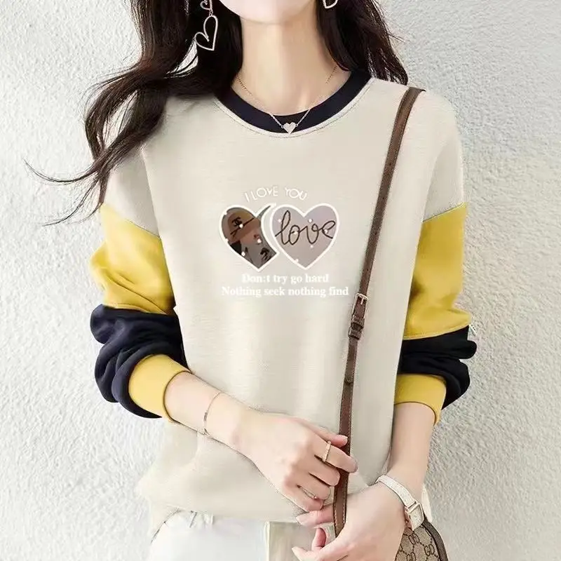 Spring Autumn Round Neck Loose Casual Patchwork Pure Cotton Sweatshirt Female Long Sleeve Printing Pullover Tops Women Outwear