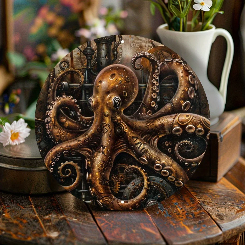 Steampunk Octopus Metal Wall Art - Round Aluminum Sign With Mechanical Tentacles & Gears, Perfect For Man Cave, Office Decor