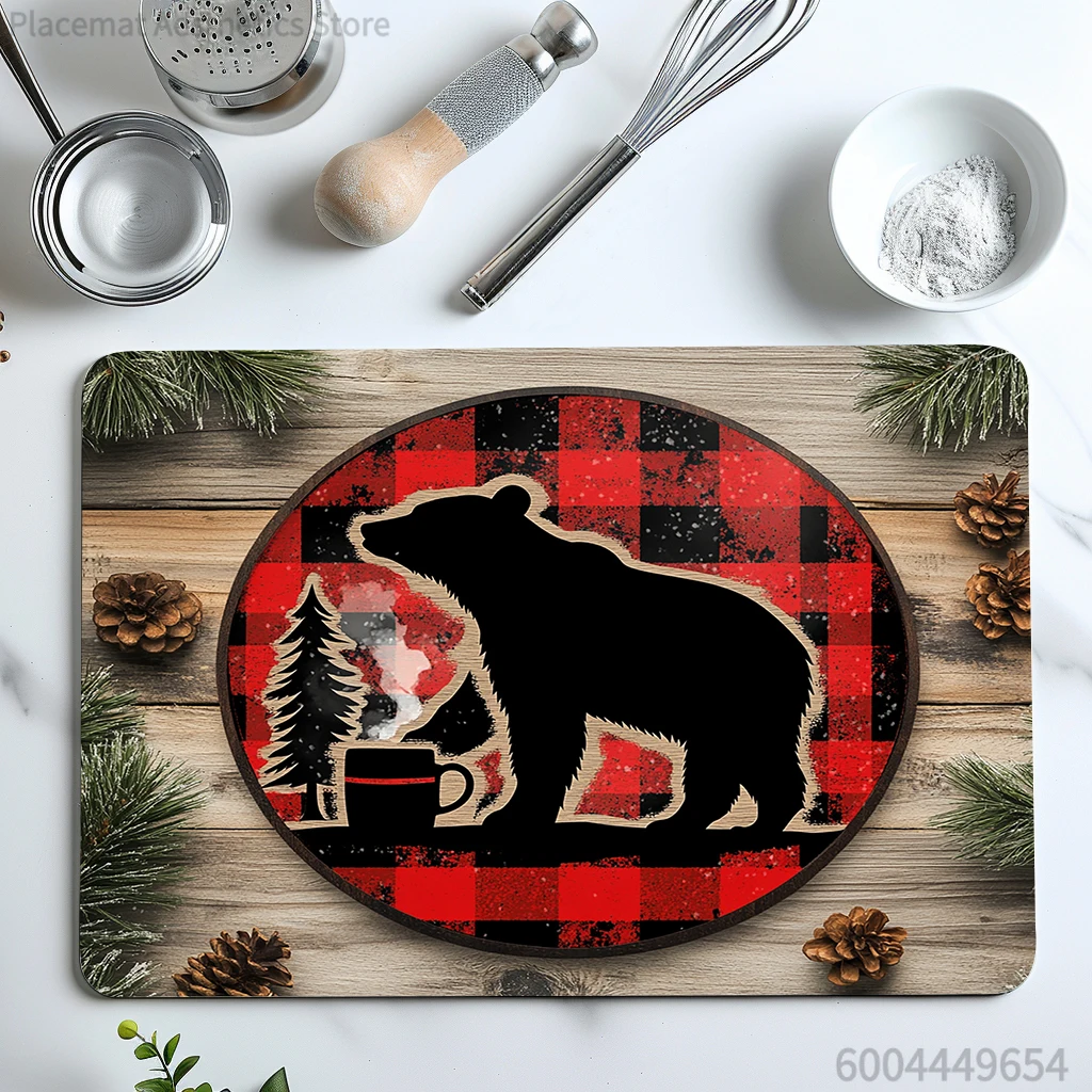 Drying Mat Trees Bear Text Forest Non-Slip Absorbent Mat Tableware Kitchen Counter Drain Mats Placemats for Table