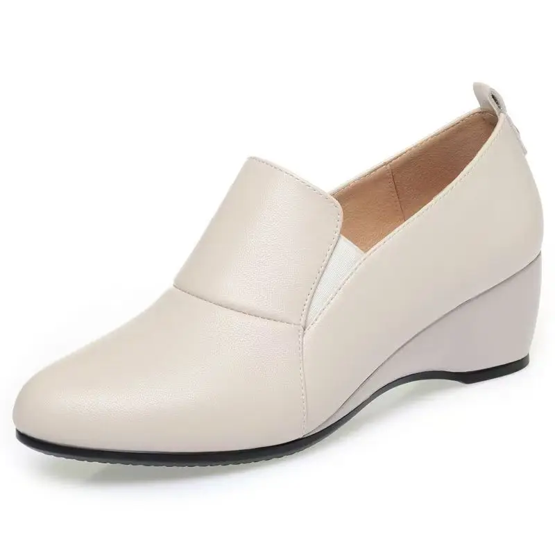 

Women's Genuine Leather Wedges Shoes Spring Autumn New Soft Sole Non Slip Shallow Slip On Round Toe Versatile Mom Nude Shoes
